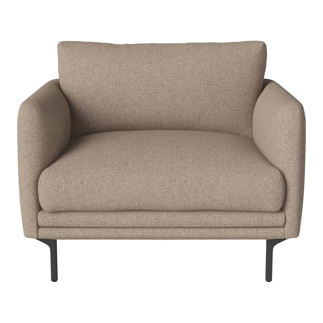 Beige fabric armchair with a minimalist design and plush cushions, supported by sleek black metal legs.