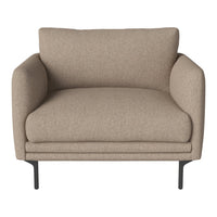Beige fabric armchair with a minimalist design and plush cushions, supported by sleek black metal legs.