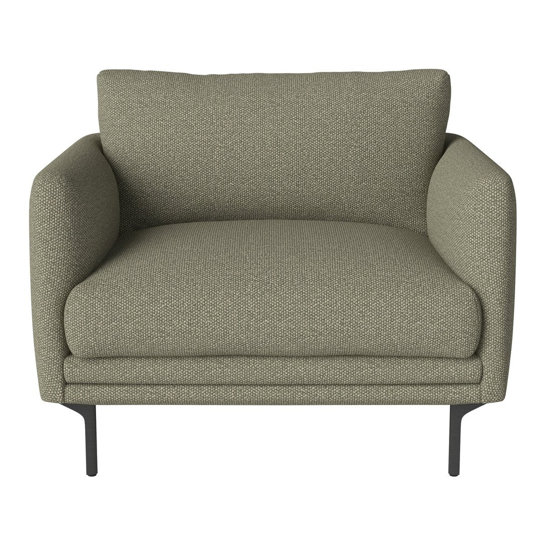 Olive green textured upholstery armchair with minimalist design, featuring soft cushions and sleek black metal legs.
