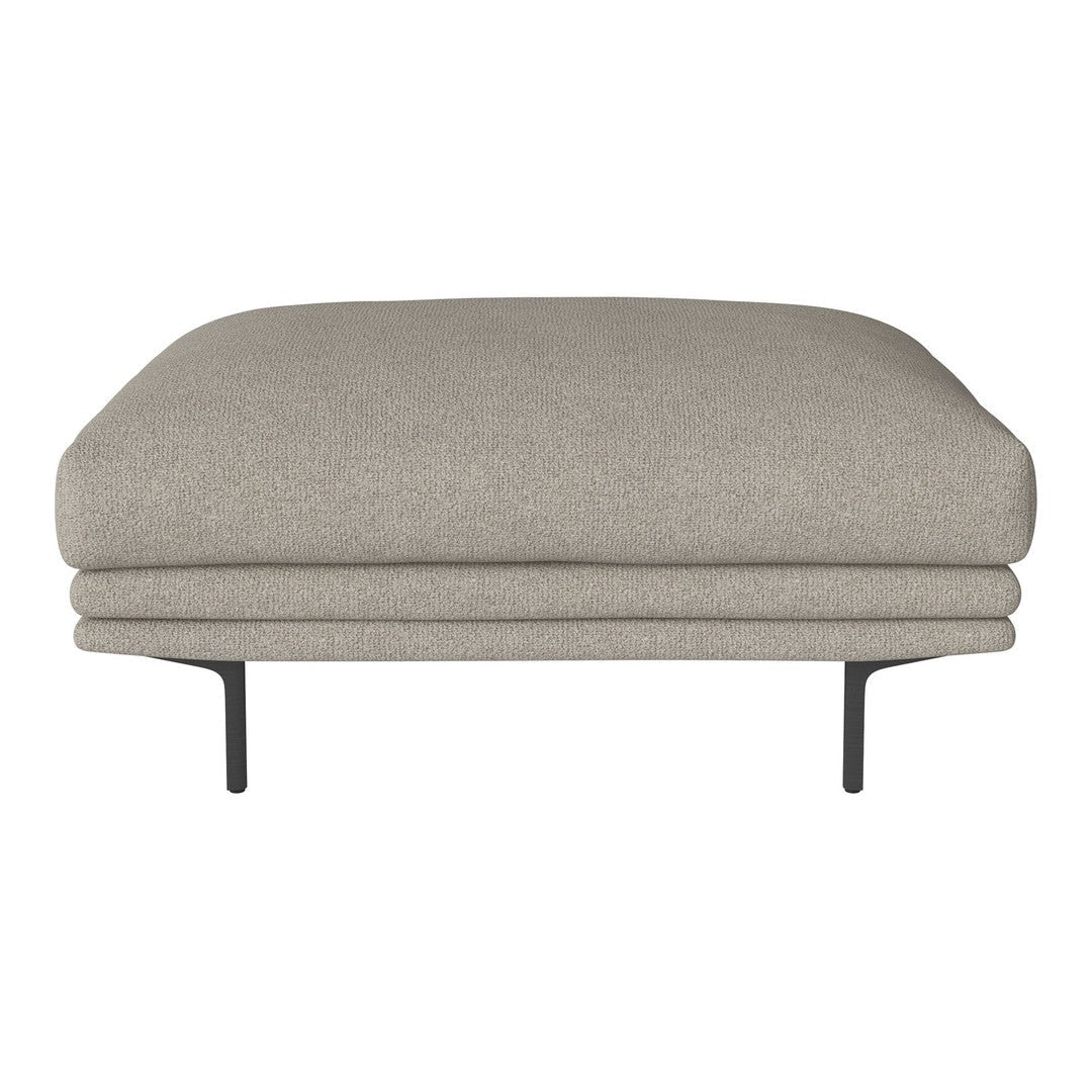 Grey upholstered ottoman with a smooth texture and minimalist black metal legs. Versatile for any modern decor.