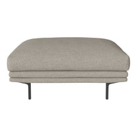 Grey upholstered ottoman with a smooth texture and minimalist black metal legs. Versatile for any modern decor.