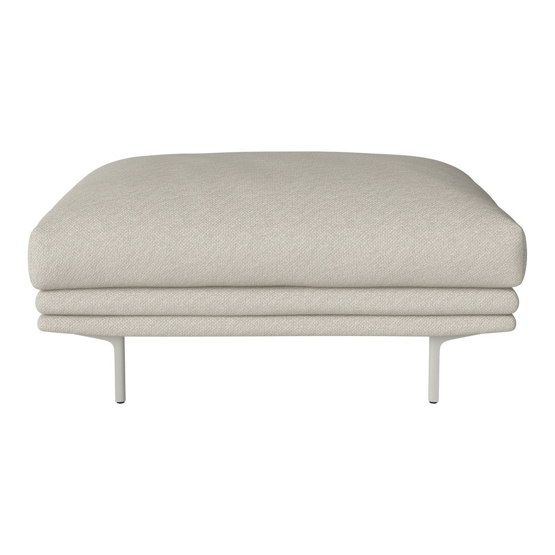 Light beige upholstered ottoman with a smooth texture and sleek, minimalistic design. Neutral and modern color palette.