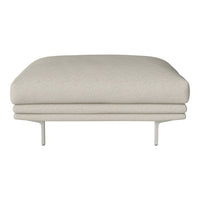 Light beige upholstered ottoman with a smooth texture and sleek, minimalistic design. Neutral and modern color palette.