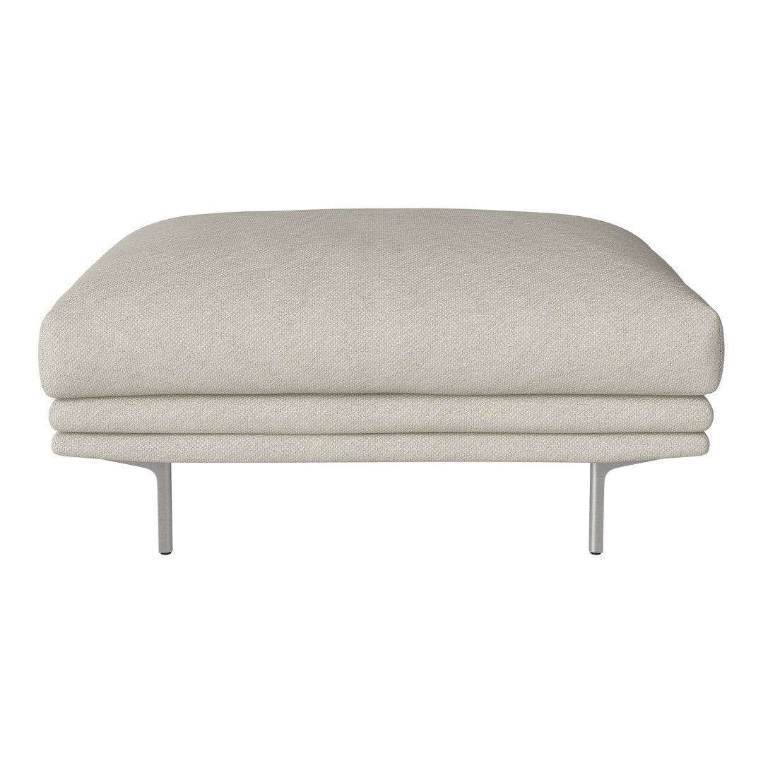 Light gray upholstered ottoman with smooth texture and minimalist design, featuring sleek silver legs.