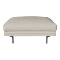 Light beige accent ottoman with a smooth texture and minimalist black metal legs. Perfect for modern decor.
