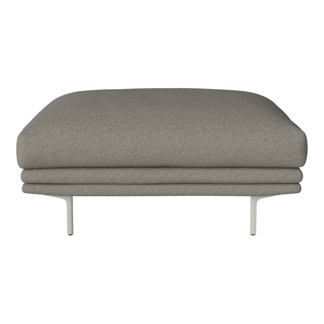 Gray upholstered ottoman with a smooth texture and minimalist design featuring sleek metal legs.