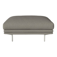Gray upholstered ottoman with a smooth texture and minimalist design featuring sleek metal legs.
