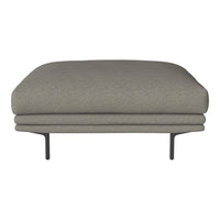 Gray cushioned ottoman with a smooth texture and minimalistic design, featuring a modern black metal base.
