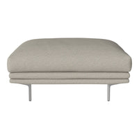 Light gray ottoman with smooth texture and minimalist design, featuring a subtle pattern and sleek metal legs.