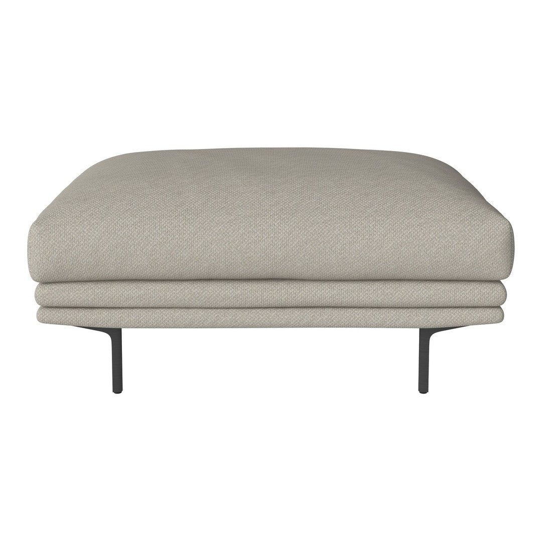 Light gray upholstered ottoman with smooth, rounded edges and minimalist black legs. Textured fabric adds subtle depth.