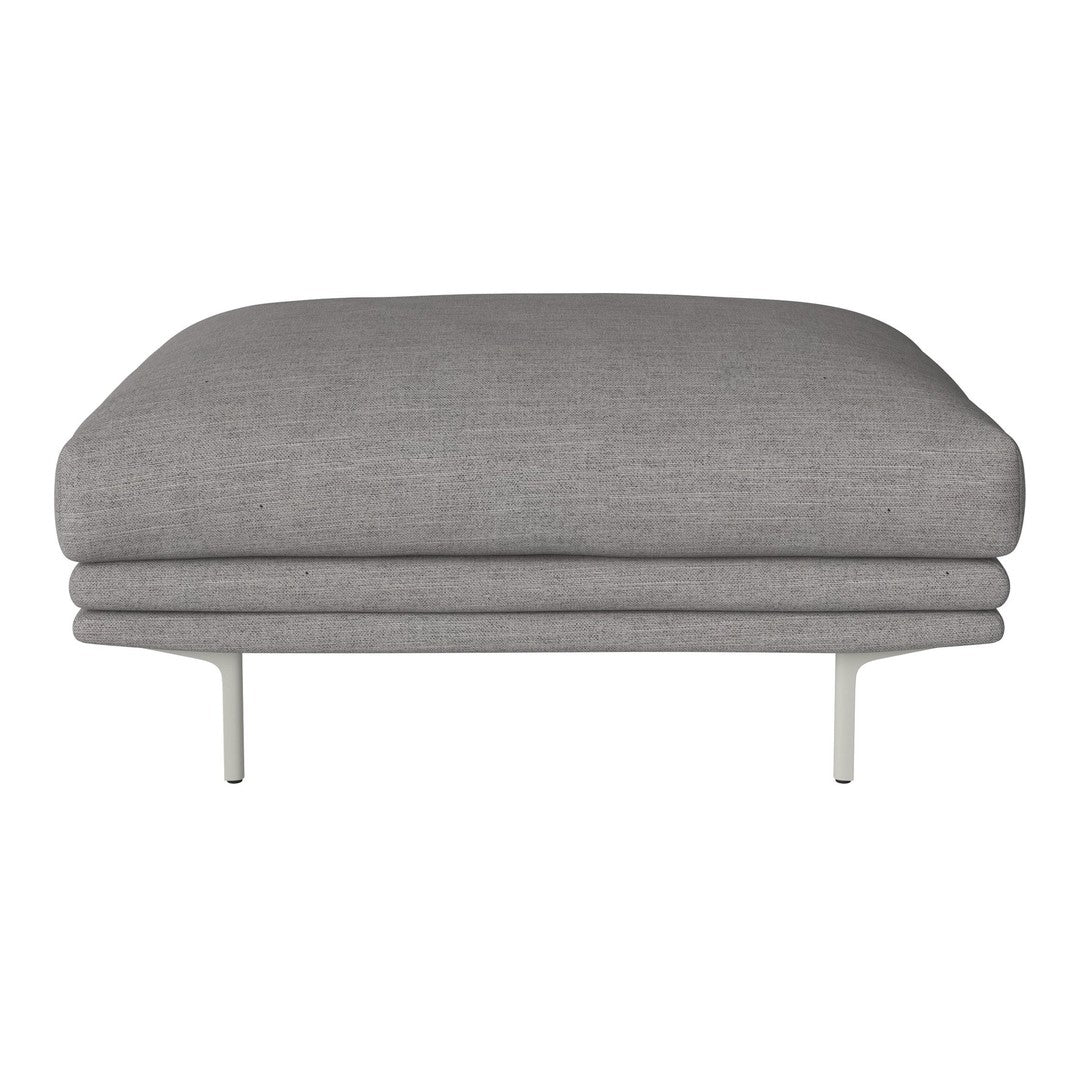 Gray upholstered ottoman with a smooth texture and minimalist design, featuring sleek metal legs.