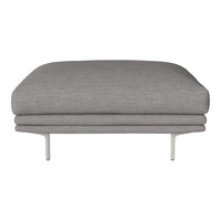 Gray upholstered ottoman with a smooth texture and minimalist design, featuring sleek metal legs.