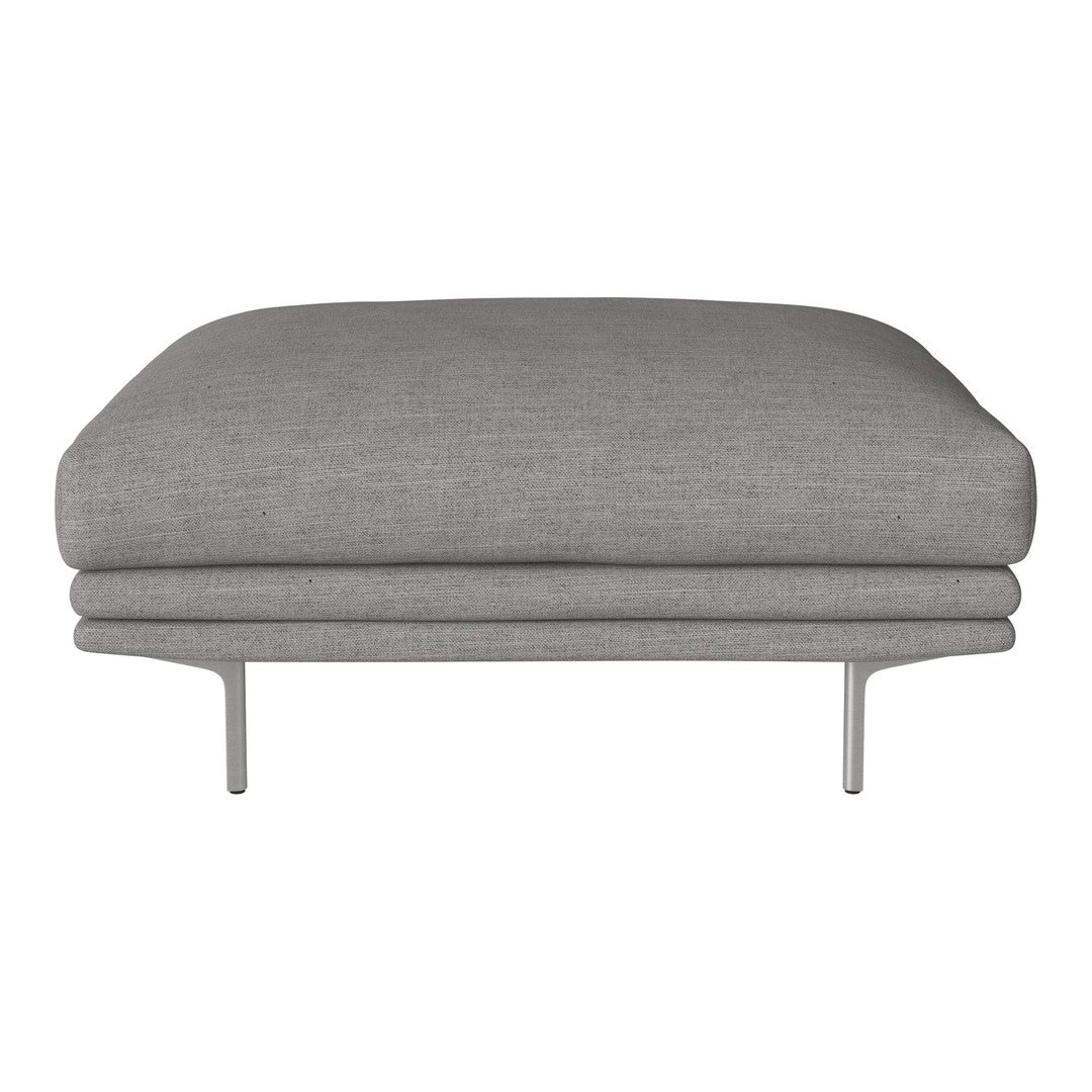 Gray upholstered ottoman with a smooth, minimalist design and sleek metal legs. Perfect for modern decor.