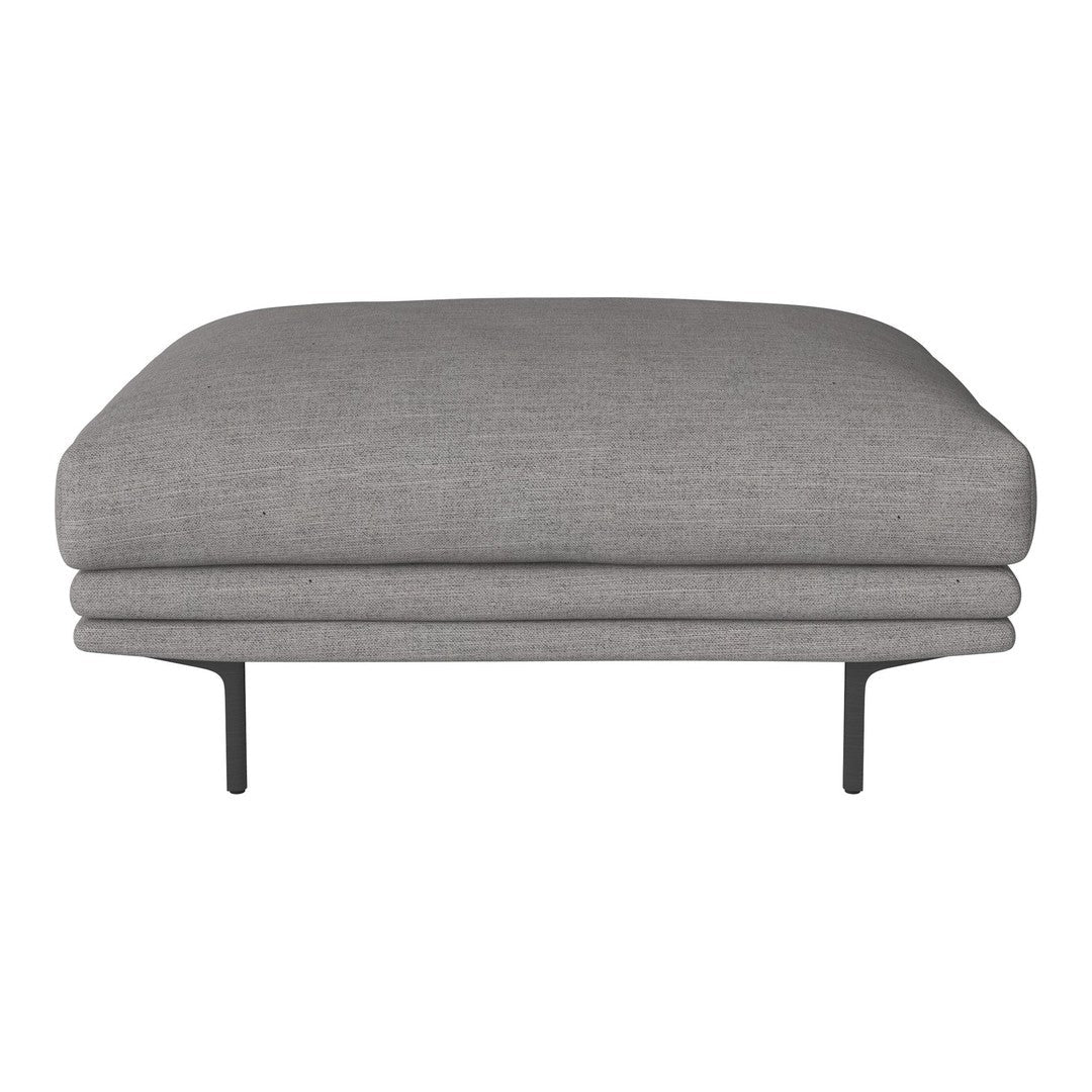 Gray upholstered ottoman with a smooth texture and minimalistic design, featuring sleek black metal legs.