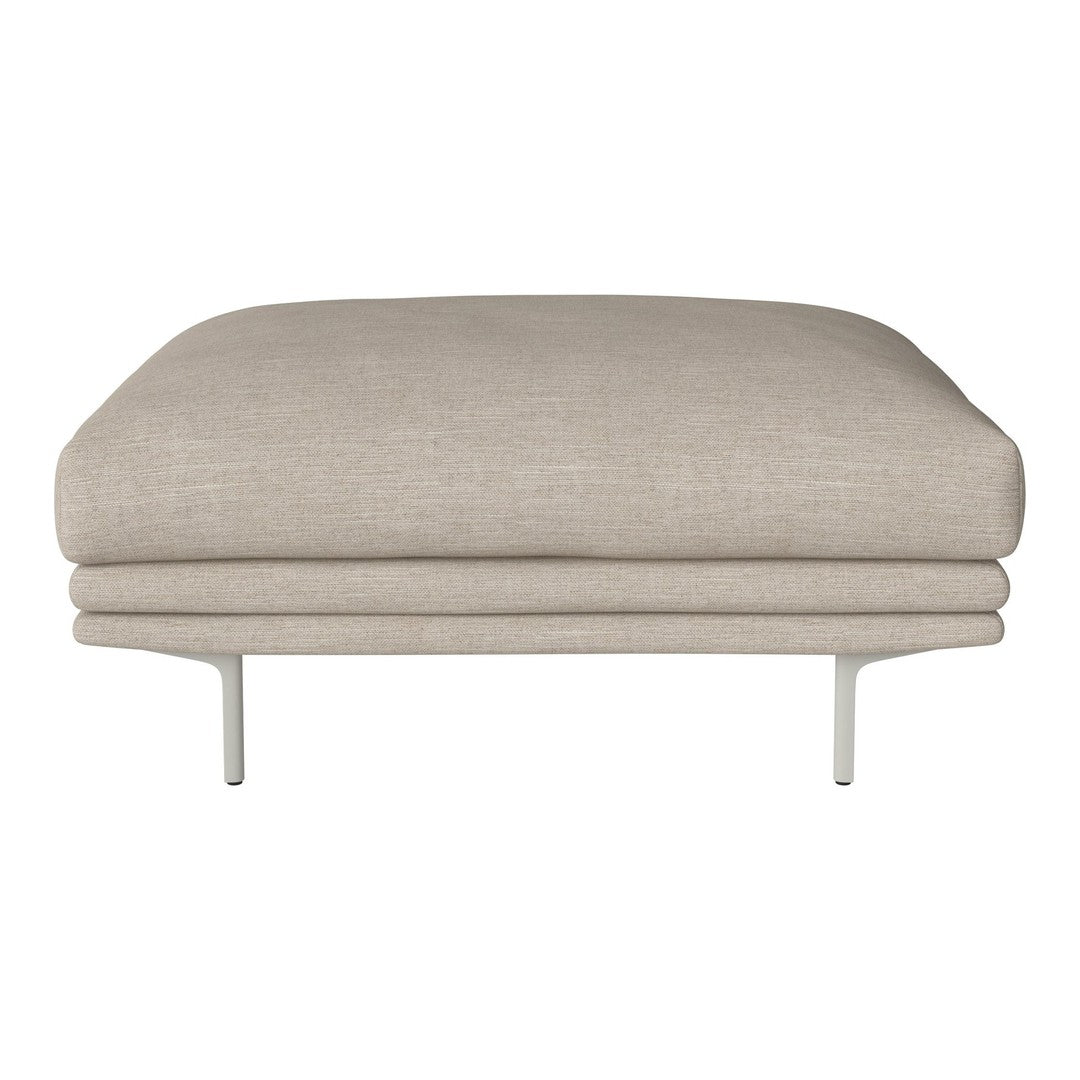 Light beige upholstered ottoman with a smooth texture and clean, modern design. Features sleek metal legs.