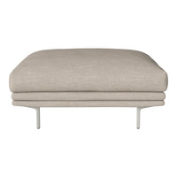 Light beige upholstered ottoman with a smooth texture and clean, modern design. Features sleek metal legs.