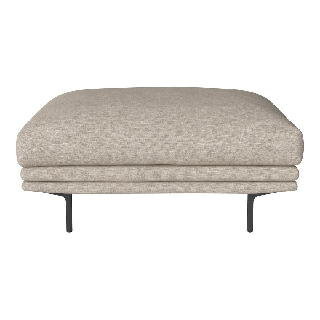 Neutral beige upholstered ottoman with smooth fabric and sleek black metal legs. Perfect for modern living spaces.