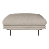 Neutral beige upholstered ottoman with smooth fabric and sleek black metal legs. Perfect for modern living spaces.