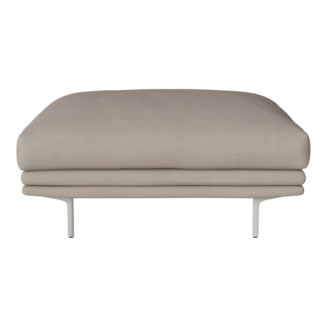 Beige upholstered ottoman with smooth, minimalistic design and sleek metal legs. Perfect for modern decor.