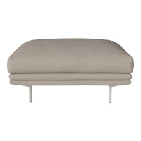 Beige upholstered ottoman with smooth, minimalistic design and sleek metal legs. Perfect for modern decor.