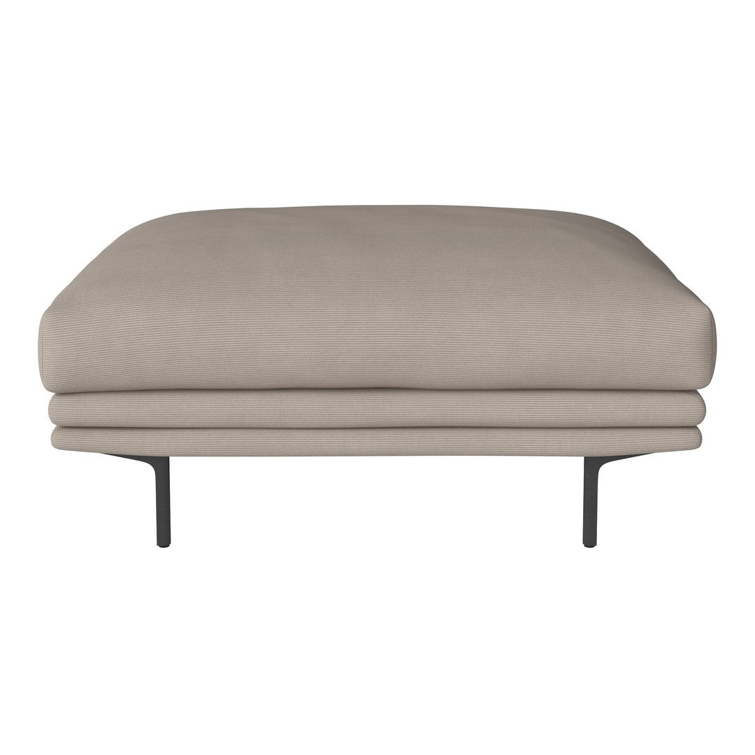 Beige upholstered ottoman with a smooth texture and minimalist black metal legs. Perfect for any modern living space.