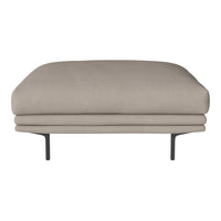 Beige upholstered ottoman with a smooth texture and minimalist black metal legs. Perfect for any modern living space.