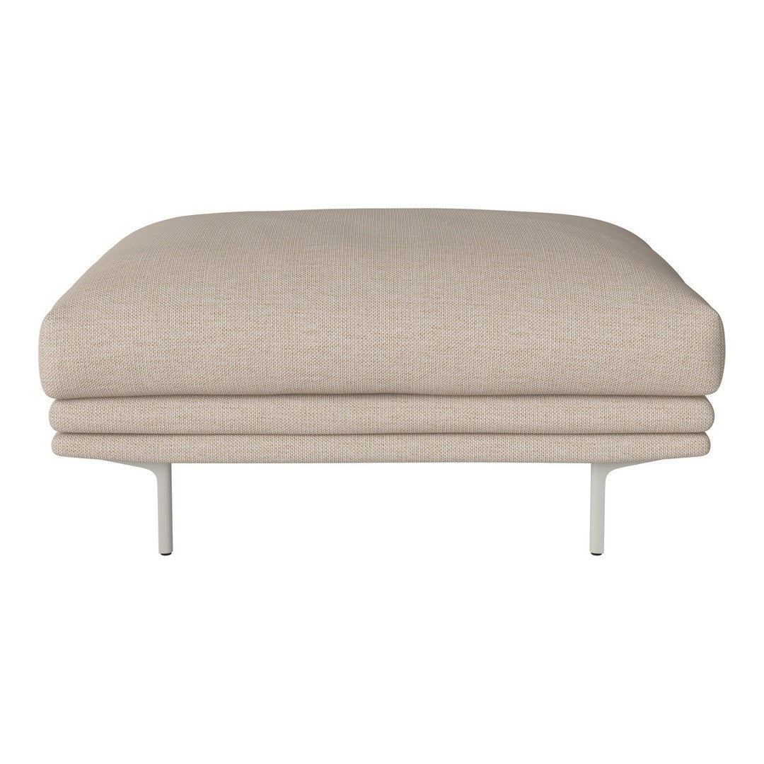 Beige upholstered ottoman with a smooth texture and minimalist design, featuring a neutral color palette.