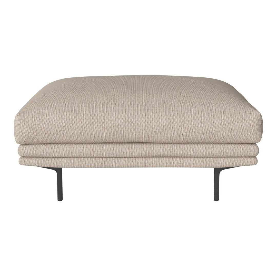 Beige upholstered ottoman with a smooth texture and minimalist design, featuring a sturdy black metal base.