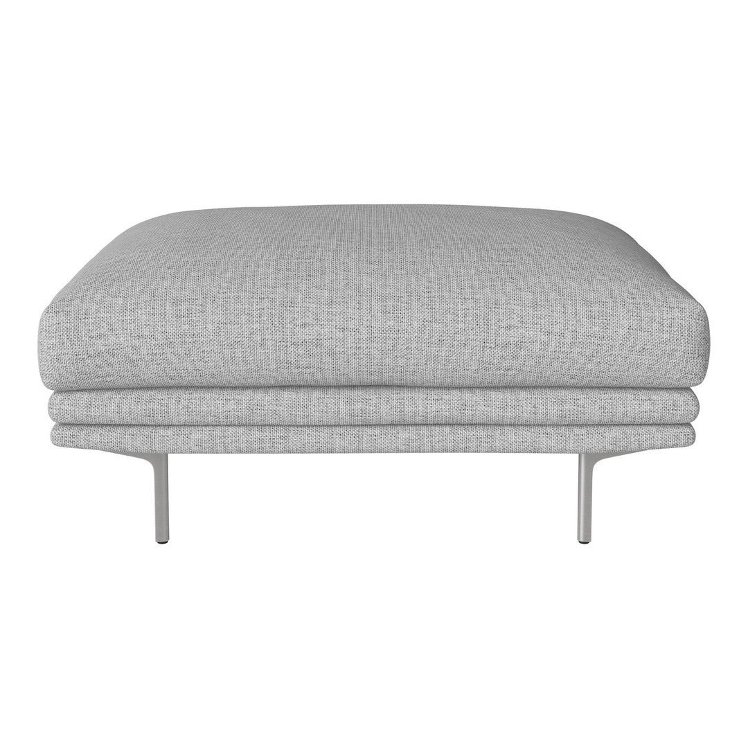 Gray upholstered ottoman with a smooth, minimalist design and metal legs, perfect for modern decor.