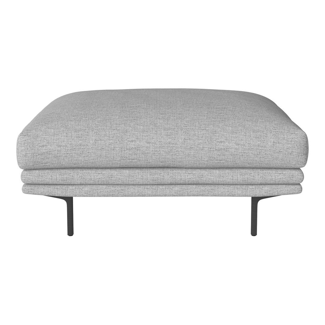 Gray upholstered ottoman with a smooth texture and minimalist design, featuring sleek black metal legs.