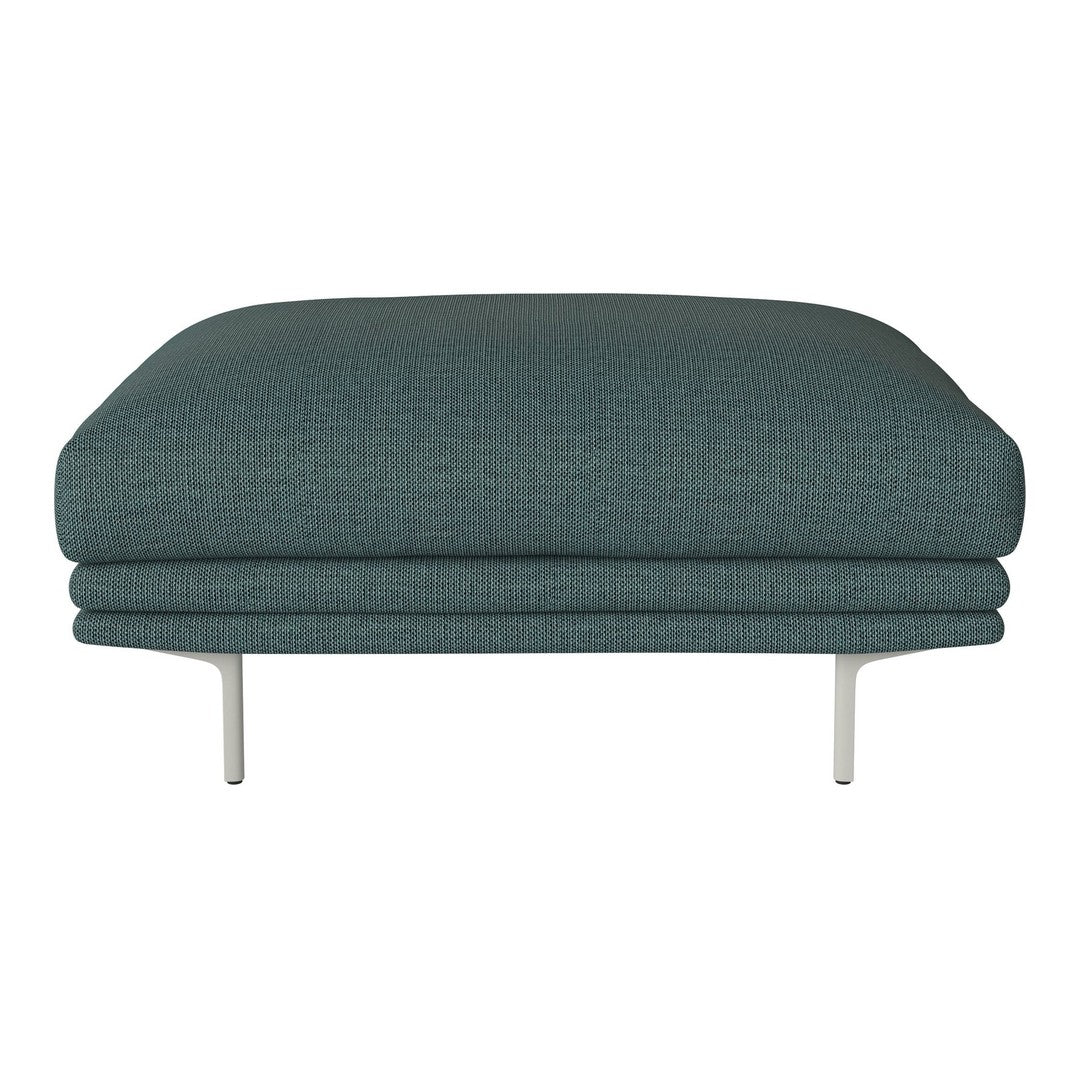 Teal upholstered ottoman with structured pattern and sleek metal legs, ideal for modern living spaces.