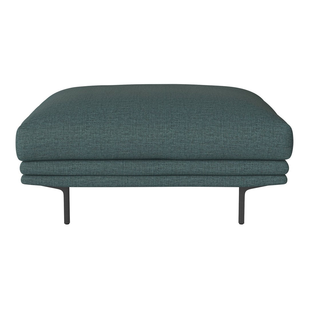 Teal upholstered ottoman with a textured pattern and minimalist metal legs, perfect for modern living spaces.