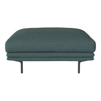 Teal upholstered ottoman with a textured pattern and minimalist metal legs, perfect for modern living spaces.