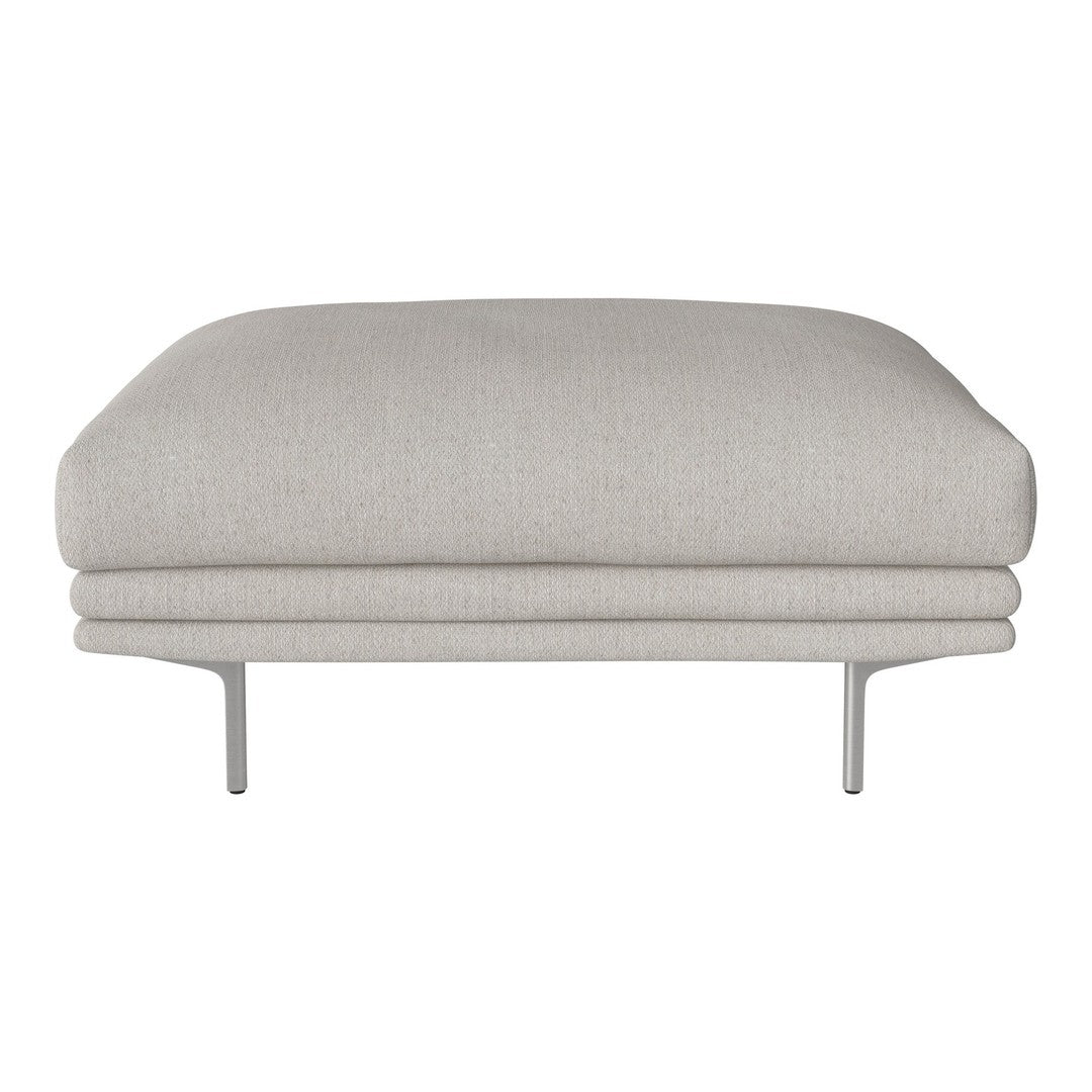 Light gray upholstered ottoman with smooth, minimalist design and sleek metal legs. Perfect for modern decor.