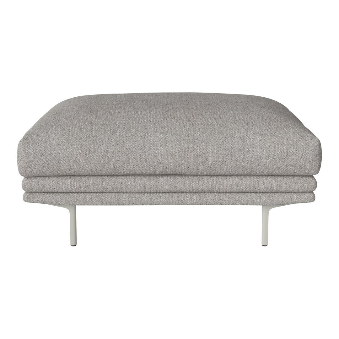 Light gray upholstered ottoman with a smooth texture, featuring a minimalist design and subtle stitching details.