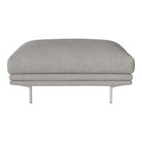 Light gray upholstered ottoman with a smooth texture, featuring a minimalist design and subtle stitching details.