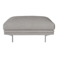Light gray upholstered ottoman with a smooth texture and minimalist design, featuring sleek metal legs.