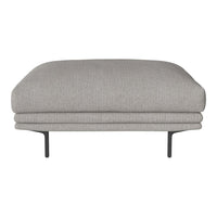 Gray upholstered ottoman with a smooth texture and minimalist design, featuring sturdy black metal legs.