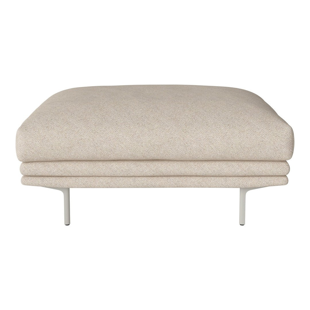 Beige upholstered ottoman with a soft, textured surface and sleek metallic legs, perfect for modern decor.