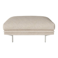 Beige upholstered ottoman with a soft, textured surface and sleek metallic legs, perfect for modern decor.