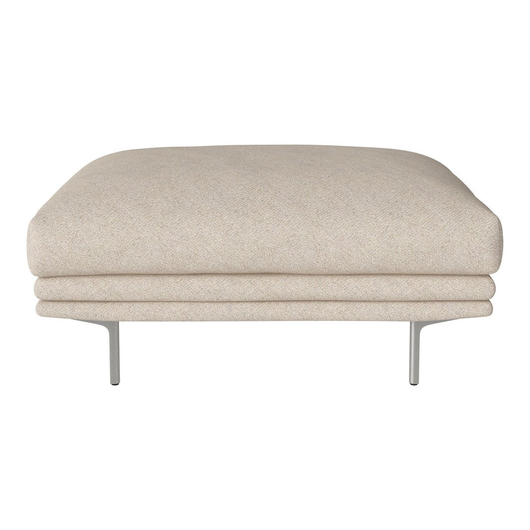 Beige upholstered ottoman with a smooth texture and sleek metal legs. Ideal for modern or minimalist decor.