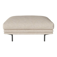 Beige ottoman with a smooth texture and minimalist design, featuring a sleek black metal base. Perfect for modern decor.