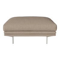 Beige upholstered ottoman with a smooth, rounded design and sleek silver legs, perfect for modern decor.