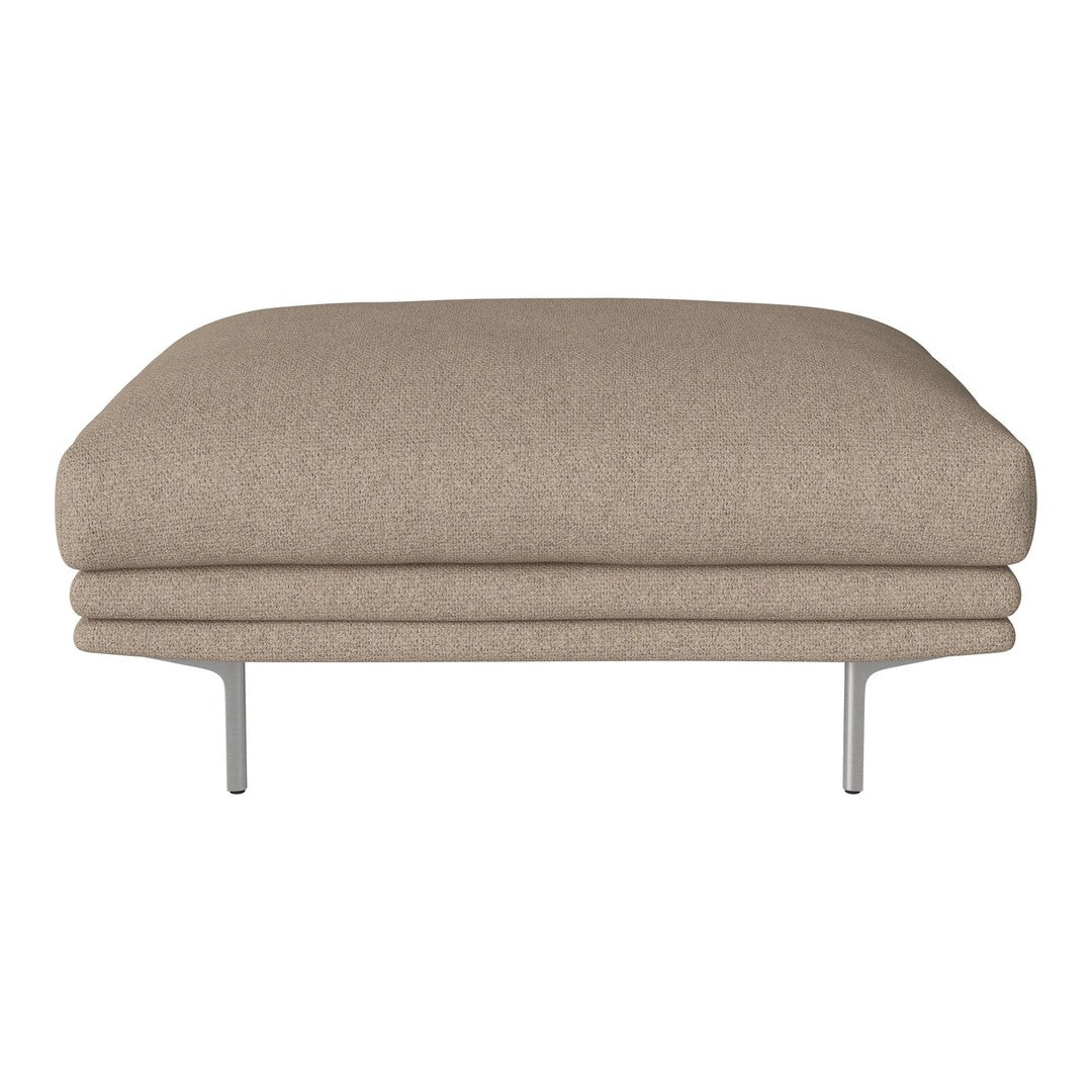 Beige upholstered ottoman with a smooth texture and minimalist design, supported by sleek metallic legs.