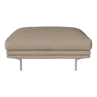 Beige upholstered ottoman with a smooth texture and minimalist design, supported by sleek metallic legs.