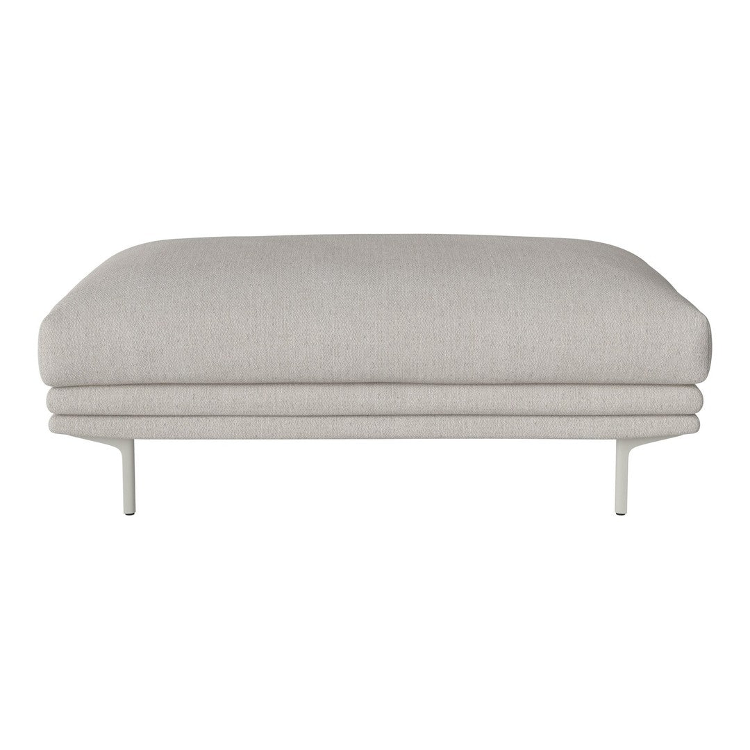 Light gray upholstered ottoman with smooth fabric and minimalist design, featuring sleek metal legs.