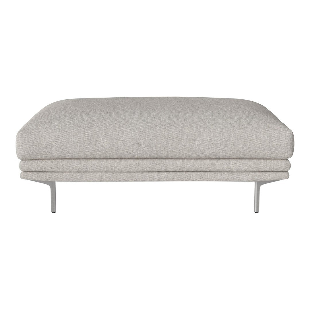 Light gray upholstered ottoman with a smooth texture and sleek metal legs, perfect for modern decor.