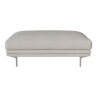 Light gray upholstered ottoman with a smooth texture and sleek metal legs, perfect for modern decor.