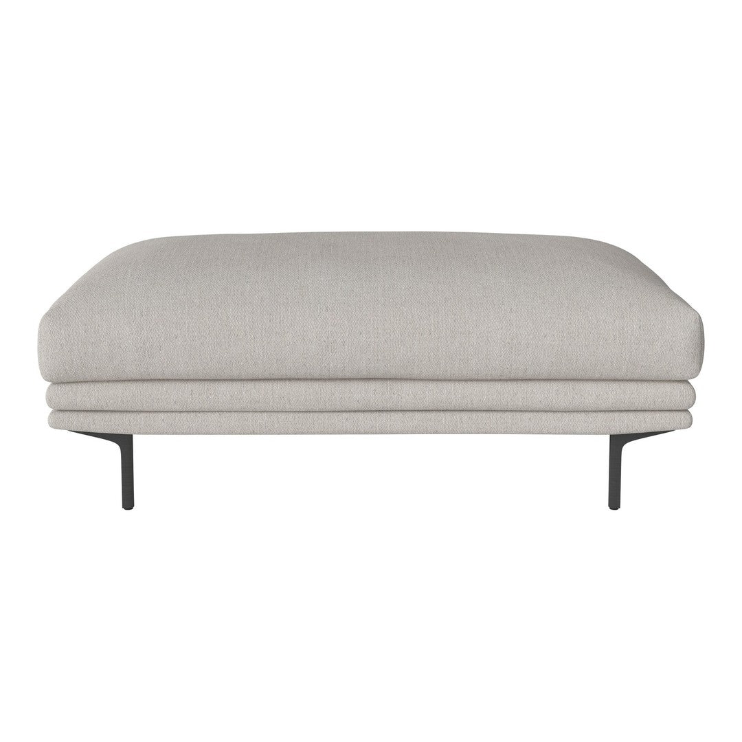 Light gray upholstered ottoman with a smooth, minimalist design and sleek black metal legs. Perfect for modern decor.