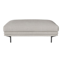 Light gray upholstered ottoman with a smooth, minimalist design and sleek black metal legs. Perfect for modern decor.